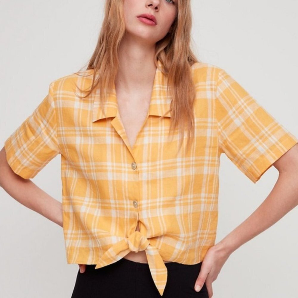 Aritzia Linen‎ Wilfred Free Yellow Plaid Tie Front Short Sleeve Button Down Top